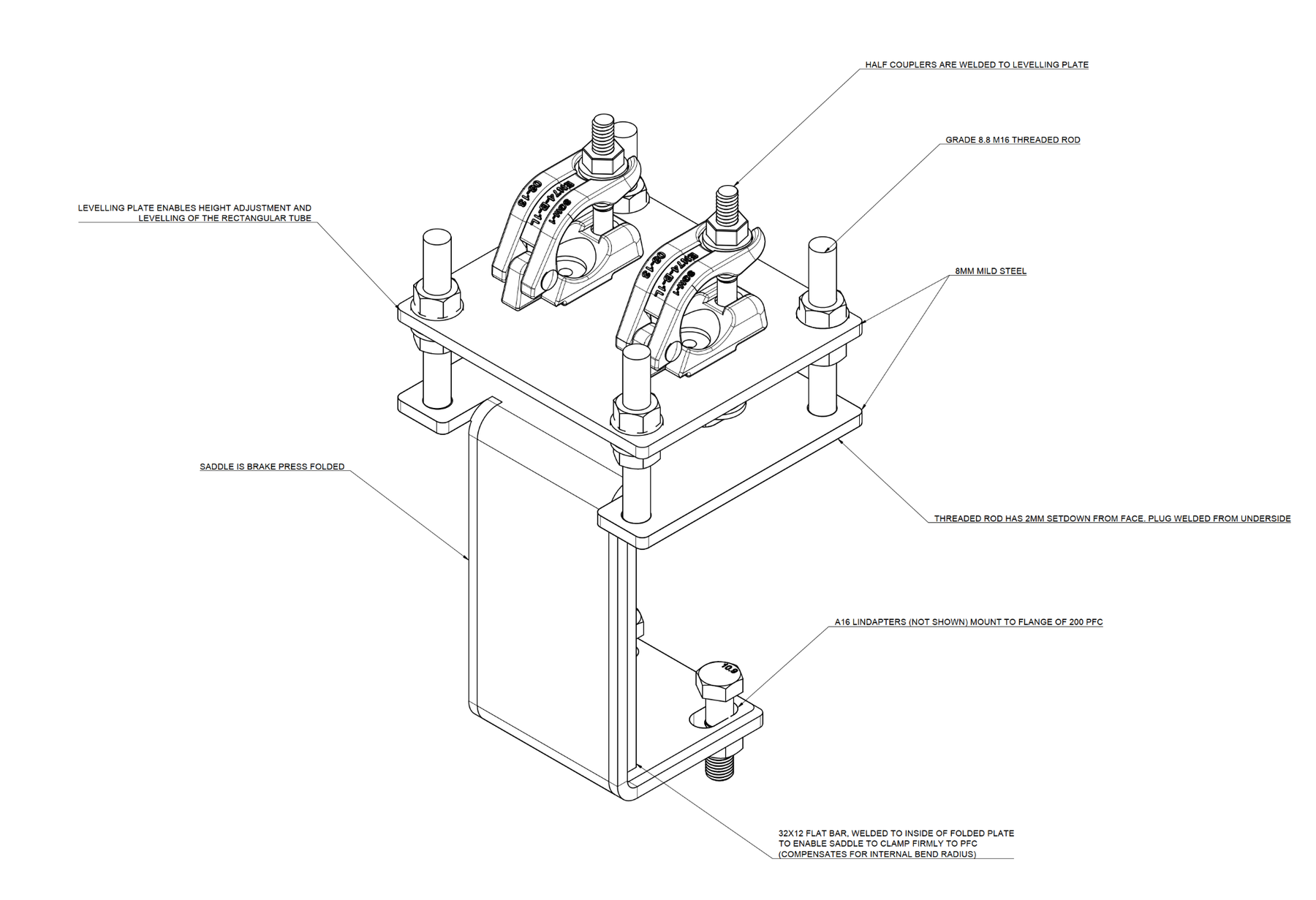PFC clamp and adjustable scaffold saddle fabrication drawing and mechanical drafting